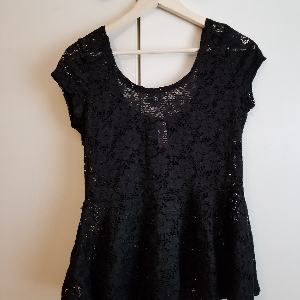 Black sheer lace peplum blouse